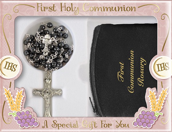 Hematite First Communion Rosary with Purse