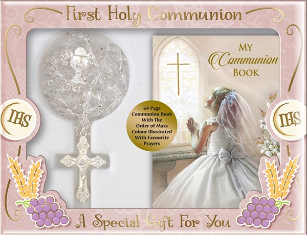 White First Communion rosary beads with Prayer Book