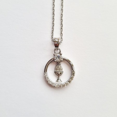 First Communion Pendant with Crystal and Silver Floating Chalice