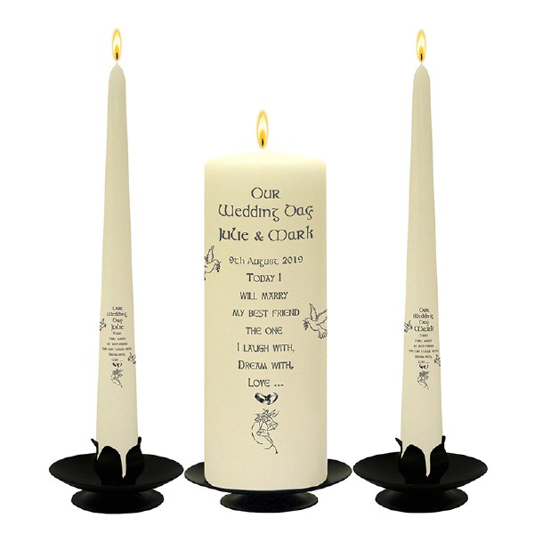 Doves and Bells Silver Wedding Candle Set