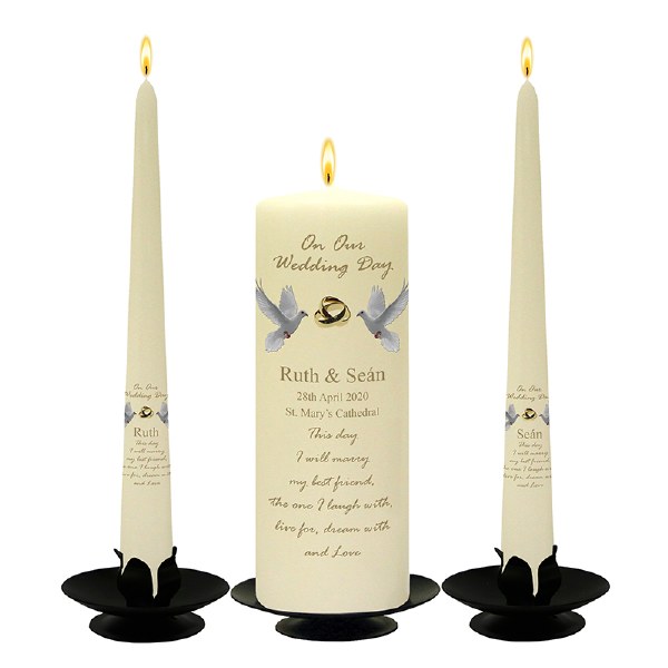 Doves and Gold Rings Wedding Candle Set