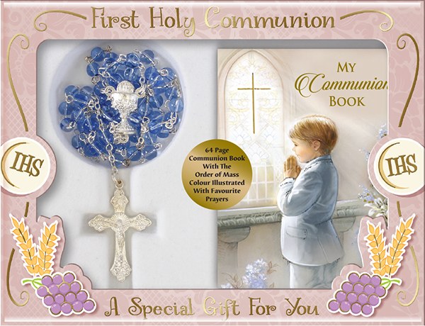 Blue First Communion Rosary beads with Prayer book