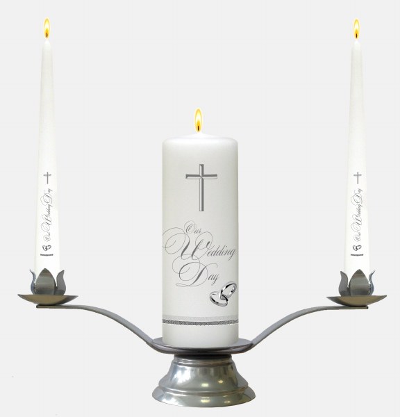 White Plain Rings and Cross Wedding Candle