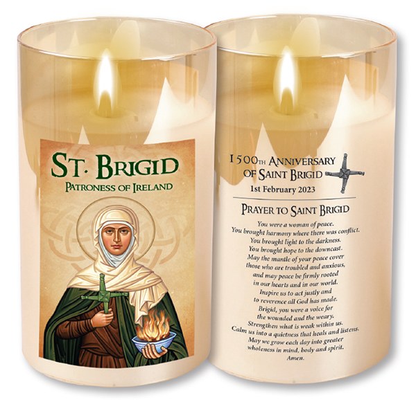 St Brigid LED Glass Candle (13x 8cm)