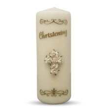 Handmade Christening Candle with White Cross of Flowers