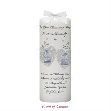 Doves and Blue Ornate Hearts Christening Candle