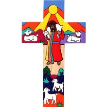 Modern Good Shephard Hand Painted Wooden Cross (25cm)