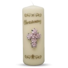 Handmade Christening Candle with Pink Cross of Flowers