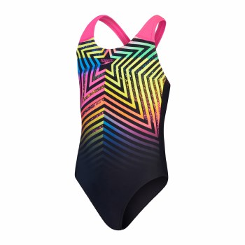 Speedo Girls Digital Placement Splashback Swimsuit Black Multi  Age 13-14