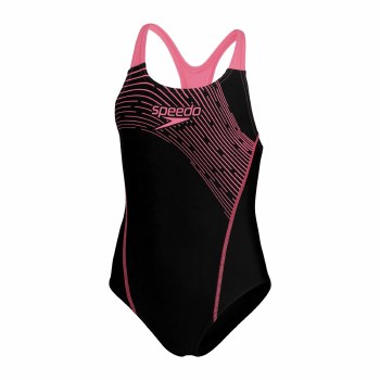 Speedo Girls Medley Logo Medalist Swimsuit Black Pink Age 9-10