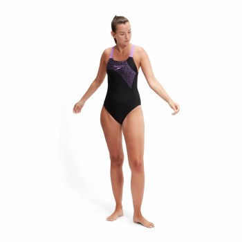 Speedo Medley Logo One Piece Swimsuit  Black Purple Size 40