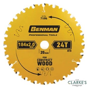 Benman Circular Saw Blade For Construct Wood 184x2mm 24T