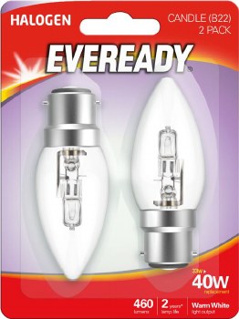 Eveready 30W B22 Halogen Candle Bulb 2 Pack