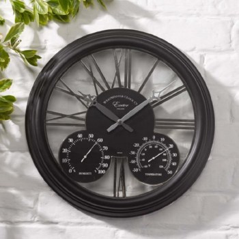 Exeter Black Garden Wall Clock with Thermometer & Hygrometer