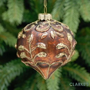 Brown and Gold Leaf Design Glass Christmas Tree Decoration 8cm