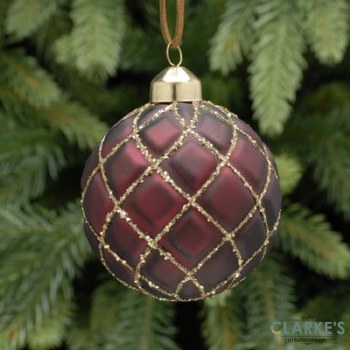 Burgundy and Gold Quilted Glass Christmas Bauble 8cm