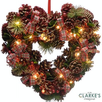 LED Lit Tartan Heart Christmas Wreath 43cm