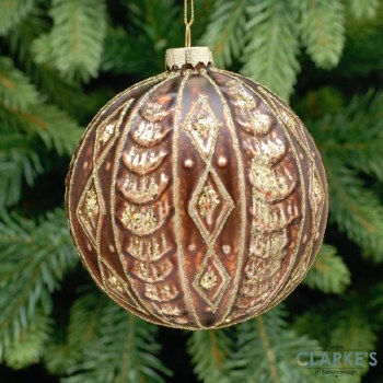 Brown and Gold Ridged Glass Christmas Tree Bauble 10cm