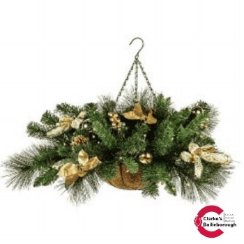 Gold Poinsettia Hanging Basket with Lights 50cm