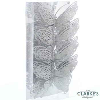 Silver Glitter Butterflies Christmas Decorations 15cm Pack of 4