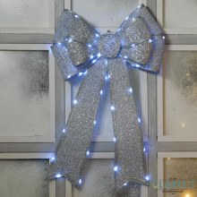 LED In-Lit Silver Christmas Bow Decoration Battery Operated 40 x 60cm