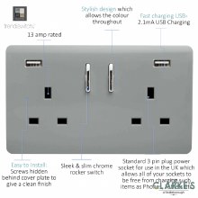 Additional picture of Trendi 2 Gang Switched Socket with USB Ports Platinum Silver
