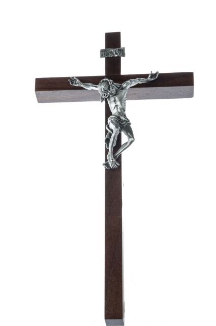 WALNUT CRUCIFIX WITH PAINED JESUS ANTIQUE PEWTER