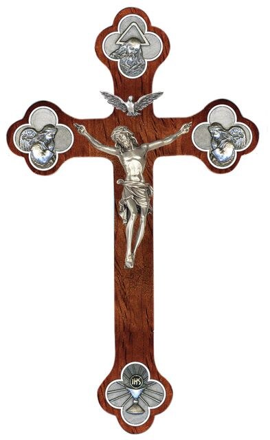 WALNUT TRINITY CRUCIFIX PEWTER