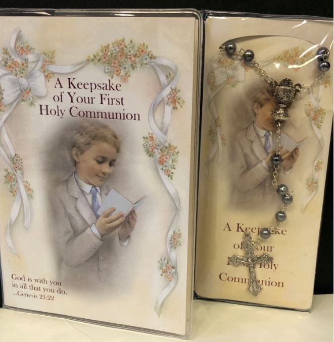 KEEPSAKE OF YOUR FIRST HOLY COMMUNION BOOKLET AND HEMATITE ROSARY