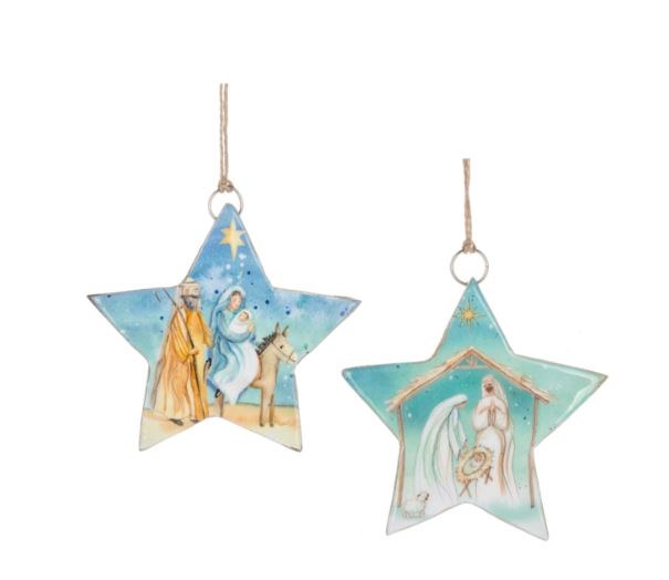 2 ASST HOLY FAMILY STAR WOOD ORN