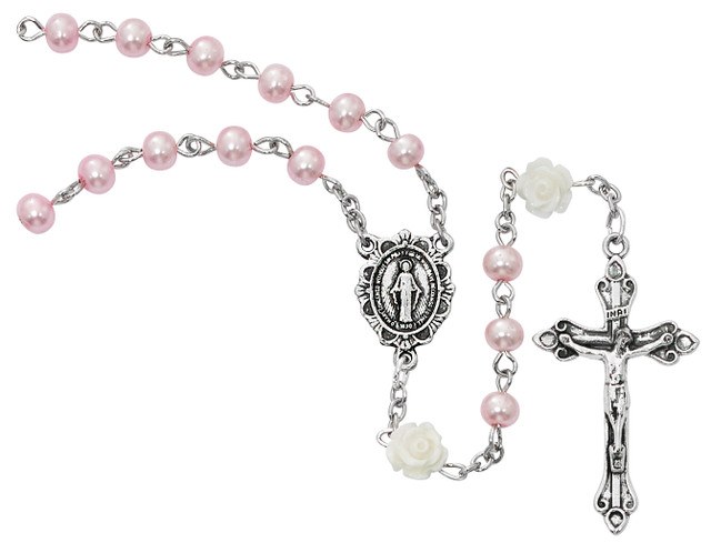 4MM PINK PEARL WITH FLOWER OUR FATHER BEADS