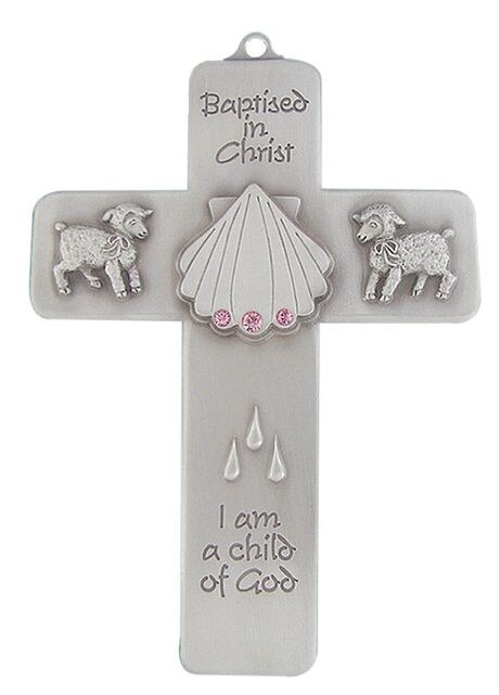 BAPTISMAL MESSAGE PINK CRYSTAL WALL CROSS