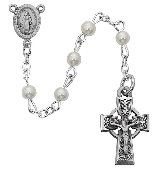 PEARL &amp; PEWTER CELTIC ROSARY