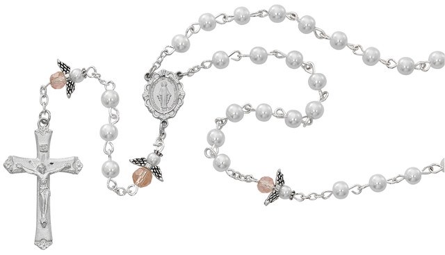 5MM WHITE PEARL AND PINK ANGEL ROSARY