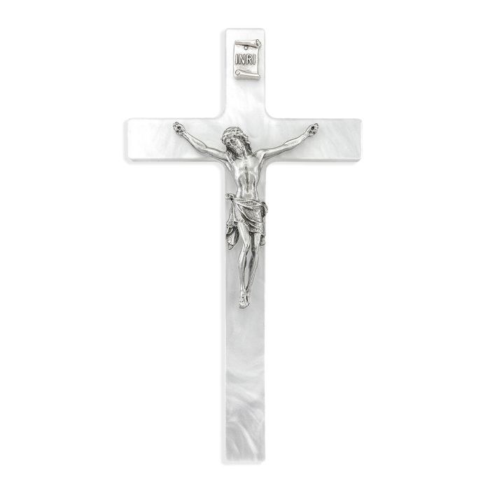 PEARLIZED WHITE CROSS WITH PEWTER CORPUS