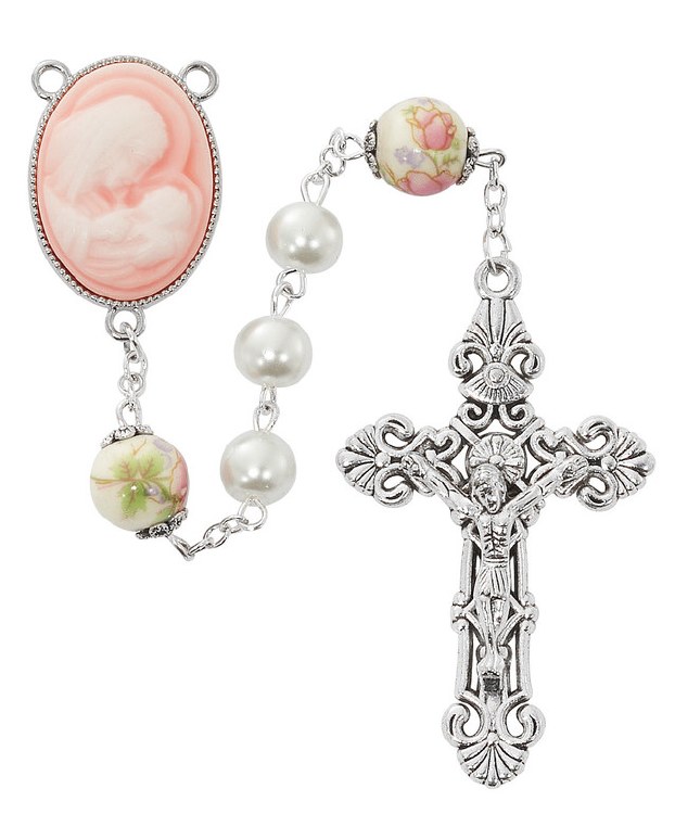 8MM MOTHER CHILD PEARL AND PINK ROSARY