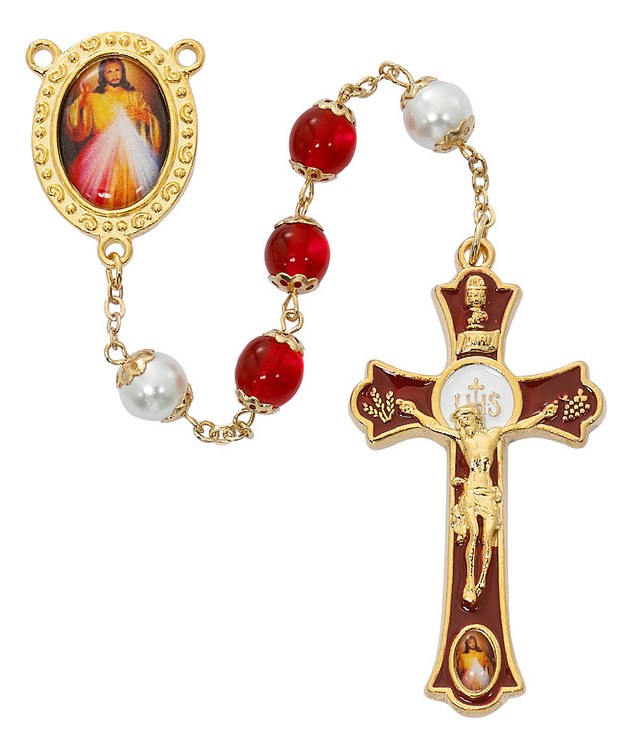 8MM RED AND PEARL DIVINE MERCY ROSARY