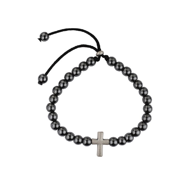 ADJUSTABLE HEMATITE CORDED BRACELET W/CROSS