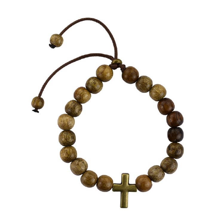 ADJUSTABLE WOOD CORDED BRACELET W/CROSS