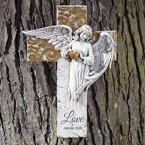 ANGEL ON CROSS WITH GOLD HEART