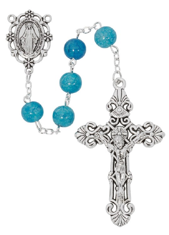 8MM BLUE GLAS BEADS WITH ZINC CRUCIFIX AND CENTER