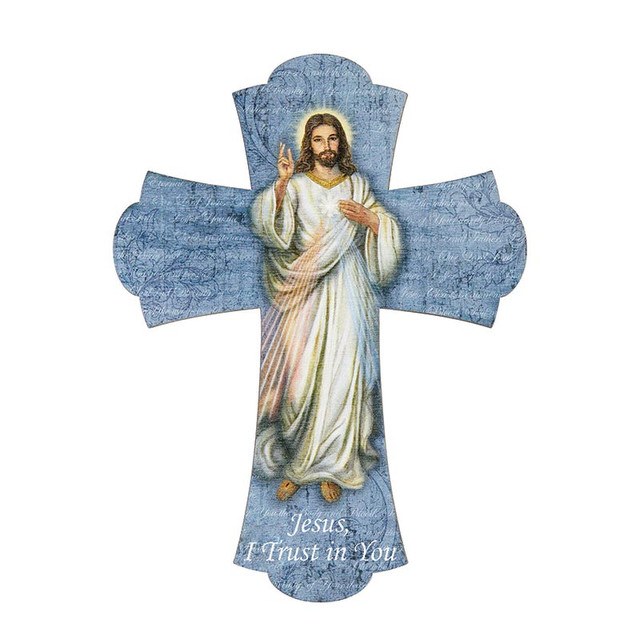 6" DIVINE MERCY WOOD CROSS BLUE BACKGROUND