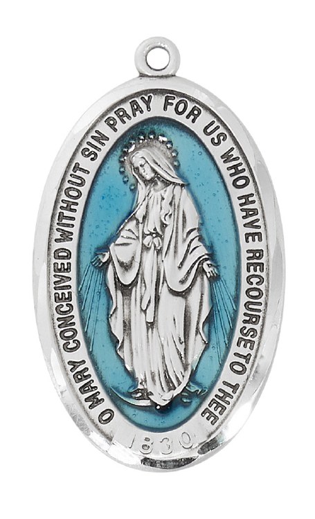 STERLING SILVER MIRACULOUS MEDAL WITH BLUE EPOXY AND 24'' CHAIN
