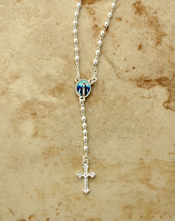 OUR LADY OF GRACE SILVER PLATED ROSARY NECKLACE