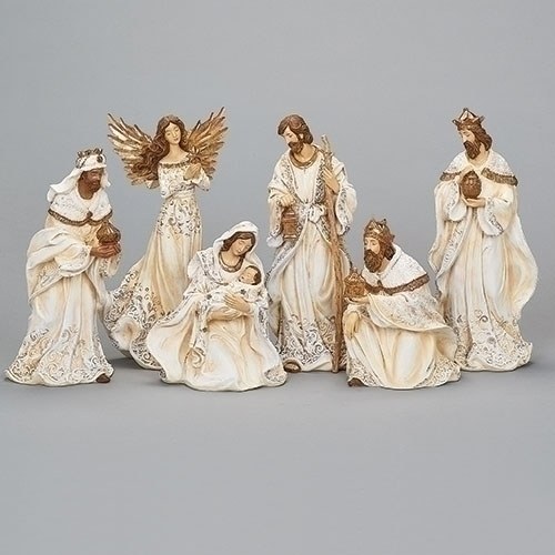 6PC CREAM WITH GOLD ROPE TRIM NATIVITY SET