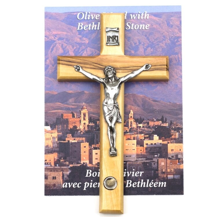 OLIVE WOOD CRUCIFIX WITH PEWTER CORPUS