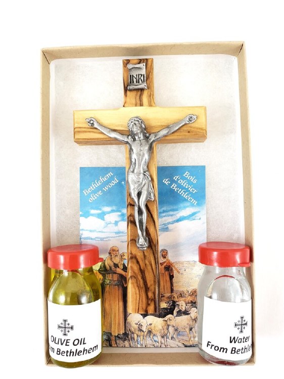 OLIVE WOOD CRUCIFIX WITH HOLY WATER &amp; OIL