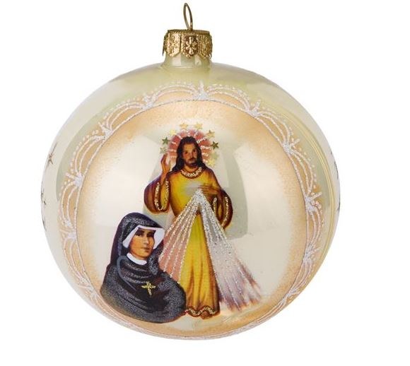 DIVINE MERCY AND ST FAUSTINA GLASS ORNAMENT