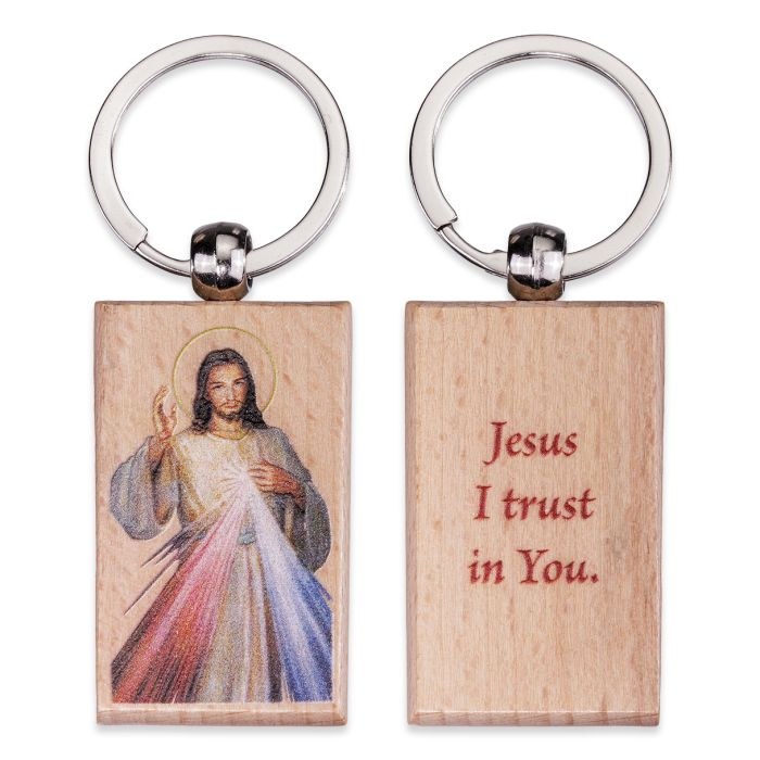 DIVINE MERCY RECTANGULAR WOOD KEY CHAIN