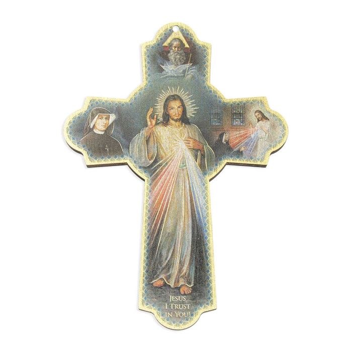 WOODEN WALL CROSS 6&quot; DIVINE MERCY